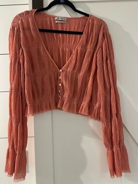 Urban Outfitters Coral Pink Smocked Button-Front Cropped Top